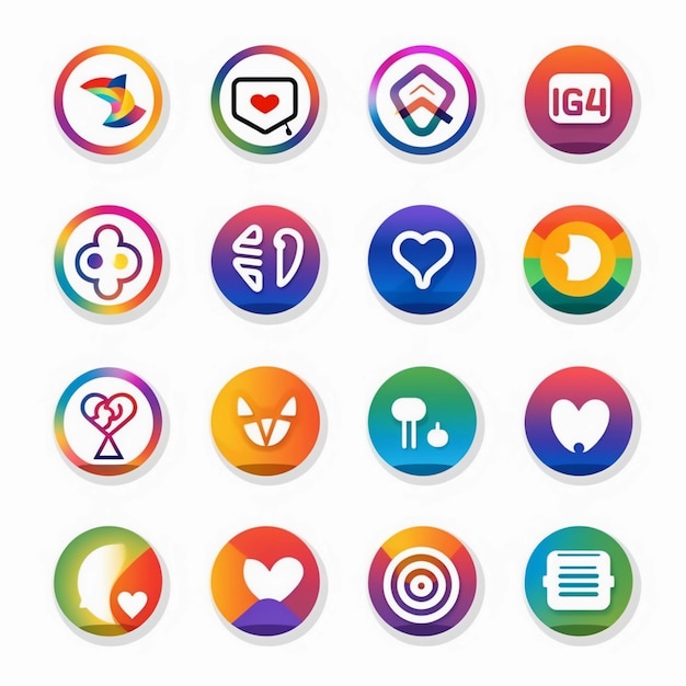 Um conjunto de ícones coloridos para um aplicativo de mídia social.