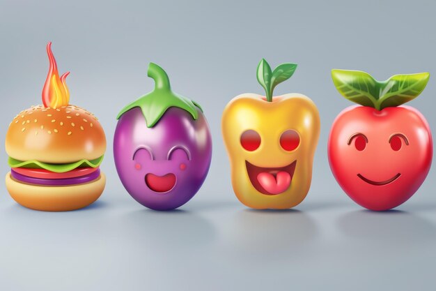 Foto um conjunto de ícones de alimentos 3d realistas, incluindo hambúrgueres, berinjelas, pêssegos, fogo e corações. a coleção de emoji é isolada com uma paleta de cores