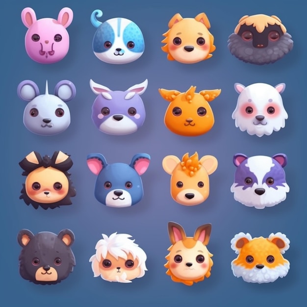 Um conjunto de ícones de animais fofos com rostos diferentes generative ai