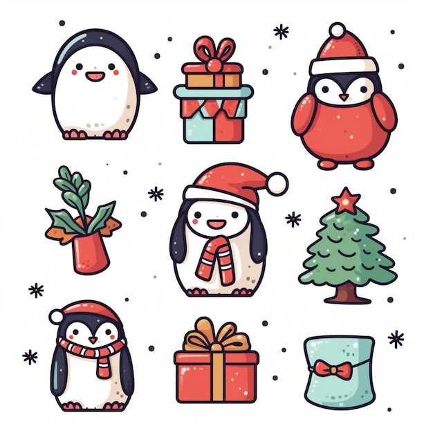 um conjunto de ícones de natal com pinguins e apresenta IA generativa