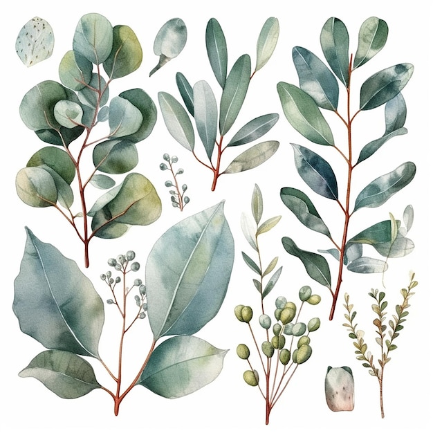 Um conjunto de ilustrações botânicas em aquarela planta verde de eucalipto e folhas