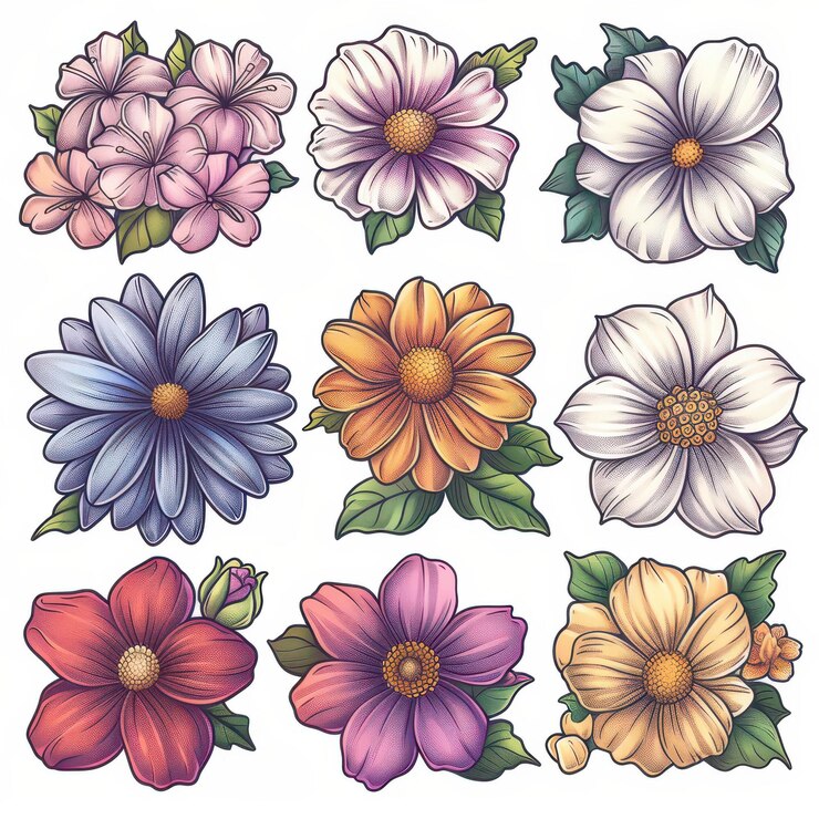 Foto um conjunto de ilustrações coloridas de flores