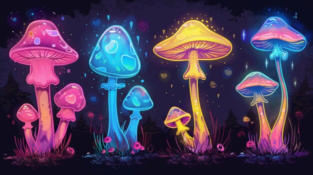 Um conjunto de ilustrações com impressões hippies de adesivos de cogumelos psicodélicos Fungos fluorescentes de néon brilhantes