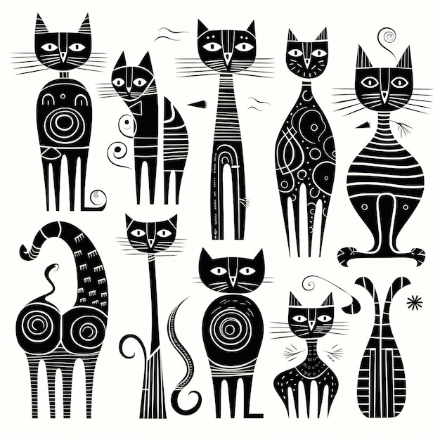 Foto um conjunto de ilustrações de arte de linha de design escandinavo de clipart de gatos