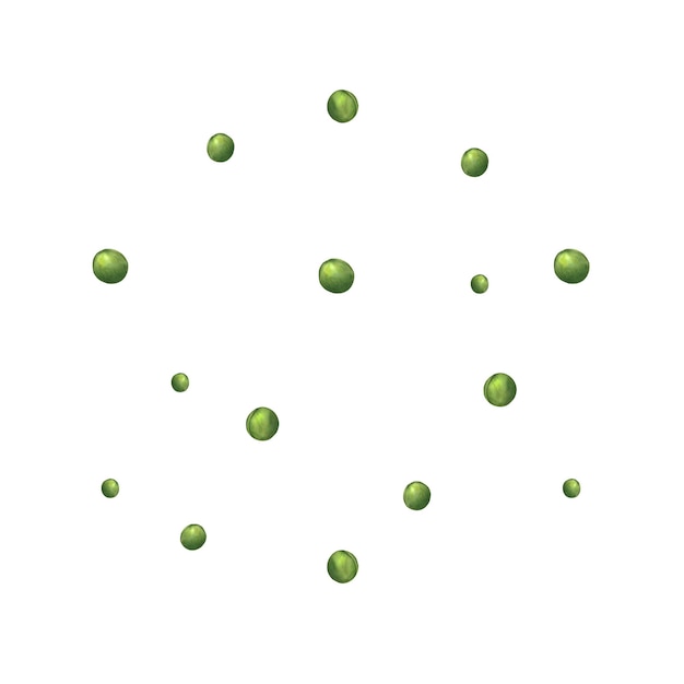 Um conjunto de ilustrações em aquarela de ervilhas verdes de diferentes tamanhos isoladas sobre um fundo branco adequado para decoração de têxteis de cozinha papel de embalagem papel papel de parede acessórios de pratos de mesa