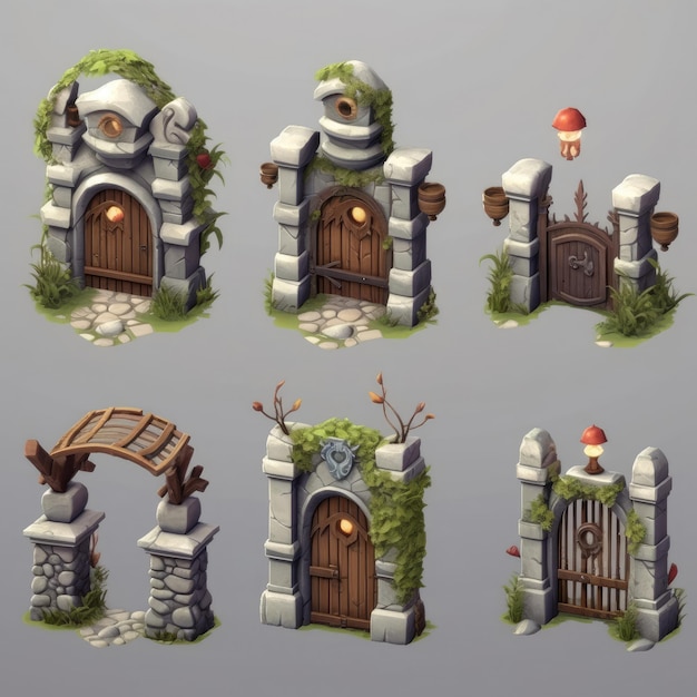Um conjunto de imagens diferentes de um castelo com uma porta e um cogumelo.