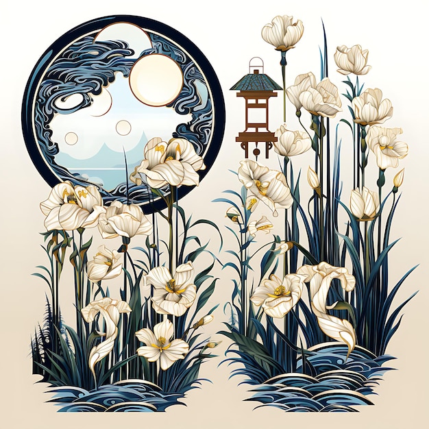 Foto um conjunto de iris lanternas cisnes ano novo lunar prosperidade azul legal uma ilustração de arte plana 2d