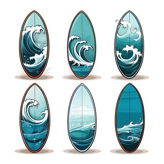 Foto um conjunto de itens de prancha de surf beachy design longboard item de esportes aquáticos ocea 2d flat asset items design