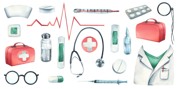 Um conjunto de kit de primeiros socorros para equipamentos médicos Ilustração em aquarela Objetos isolados da coleção VETERINÁRIA Para o design e design de clínicas, hospitais, medicamentos, farmácias