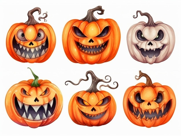 Um conjunto de lindas aquarelas de halloween e abóboras de ação de graças isoladas em fundo branco