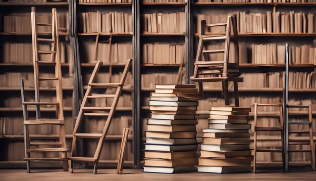 um conjunto de livros com uma escada na parte superior e uma escada no lado direito
