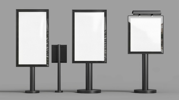 Um conjunto de maquetes 3d de painéis de luz de parede retangulares em molduras de metal preto ou plástico e telas brancas em branco isoladas em um fundo transparente