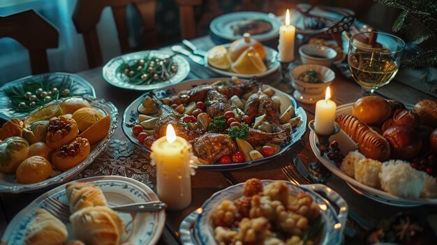 Foto um conjunto de mesa com vários pratos e uma vela acesa adequado para menus de restaurantes ou conteúdo relacionado a alimentos