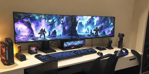 Um conjunto de monitores em uma mesa com o jogo de palavras na tela.