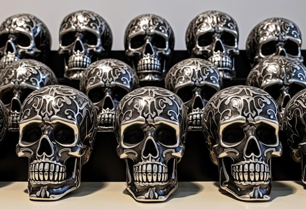 um conjunto de muitos crânios negros mezes que estão sobre uma mesa plana no estilo da arte guatemalteca