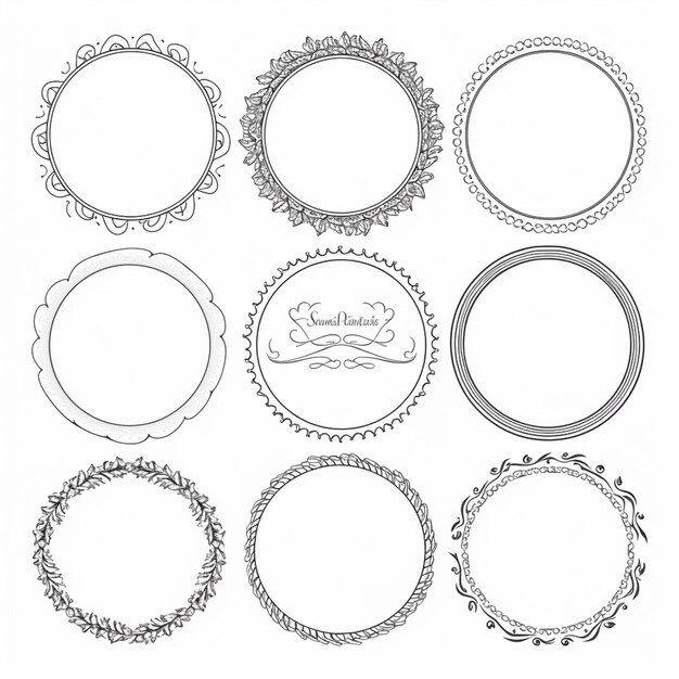 Um conjunto de nove molduras redondas desenhadas à mão com um design decorativo ai generativo