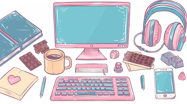 Foto um conjunto de objetos de escritório, incluindo um monitor de computador, teclado, rato, smartphone, livros, fones de ouvido e notas adesivas. ilustração moderna linear de desenho animado em cores retrô com canetas adesivas, café