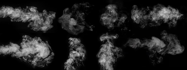 Um conjunto de oito tipos diferentes de vapor de fumaça giratório e wriggling isolado em um fundo preto para sobreposição em suas fotos Abstract fundo fumegante