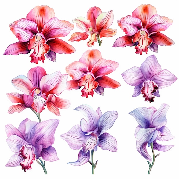 Um conjunto de orquídeas rosa e roxas com cores diferentes.