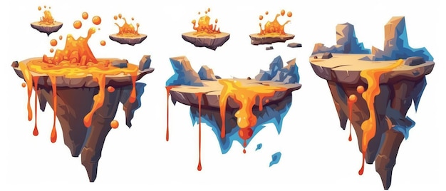 Um conjunto de pedaços voadores de solo para mapas de nível e saltos de gui com ilhas flutuantes de terra rochosa com líquido de lava laranja quente