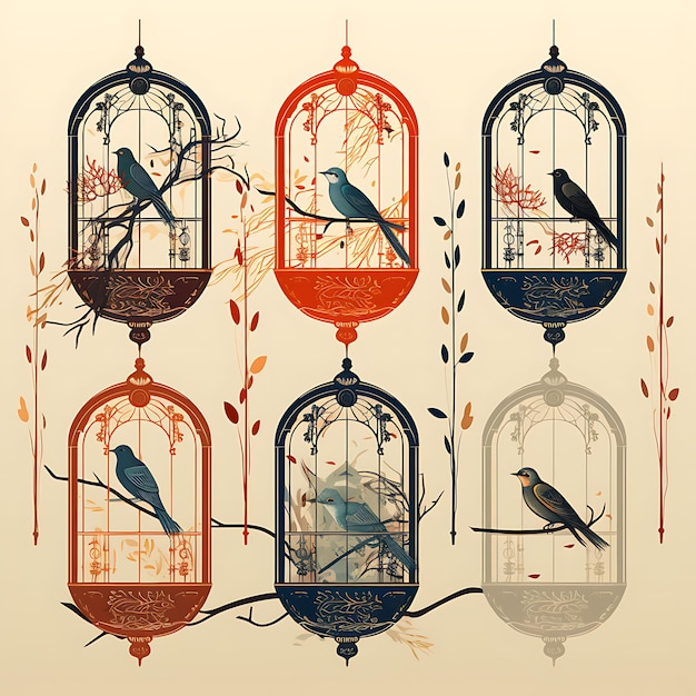 Um conjunto de penas de pássaros gaiolas de pássaros ano novo lunar aviário tons terrestres ilustração de arte plana 2d