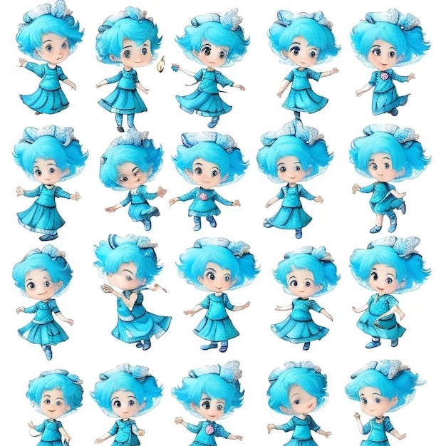 Um conjunto de personagens de desenhos animados, incluindo cabelo azul, cabelo azul e um chapéu branco.