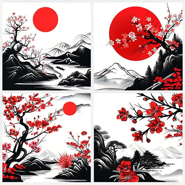 Um conjunto de pinturas japonesas com flores de cerejeira