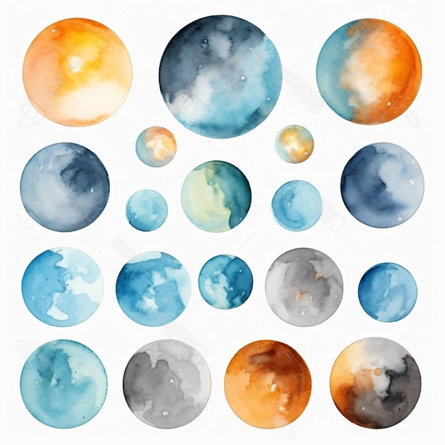 Um conjunto de planetas em aquarela em cores diferentes.