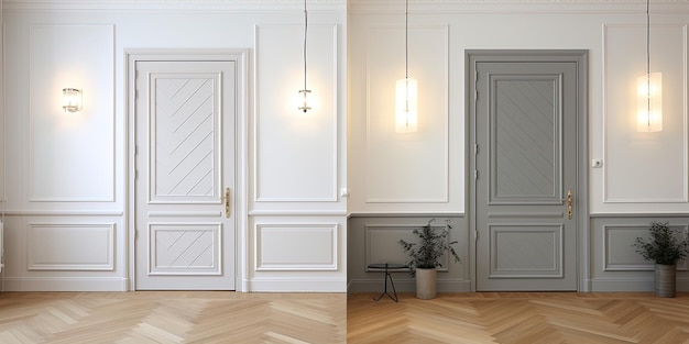 um conjunto de portas com uma porta branca e uma porta branca com uma moldura branca.