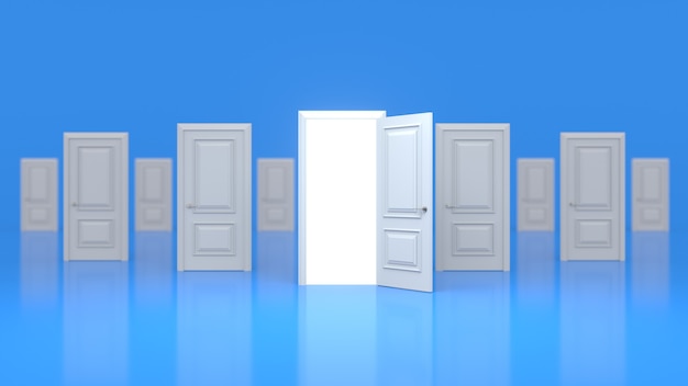 Foto um conjunto de portas de madeira brancas fechadas e uma aberta com um brilho