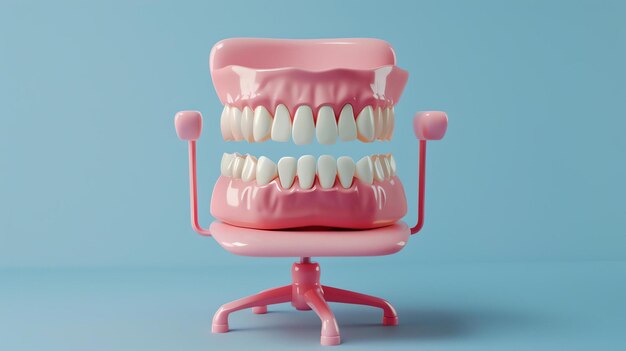 Foto um conjunto de próteses rosas sentadas em uma cadeira de escritório rosa as próteses estão ligeiramente abertas mostrando os dentes a cadeira está em um fundo azul