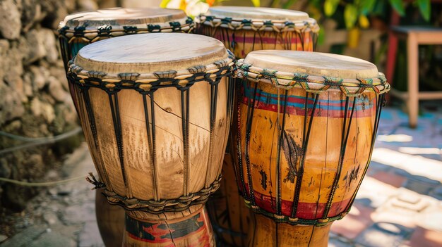 Foto um conjunto de quatro tambores africanos os tambores são feitos de madeira e têm diferentes tamanhos eles são decorados com padrões coloridos