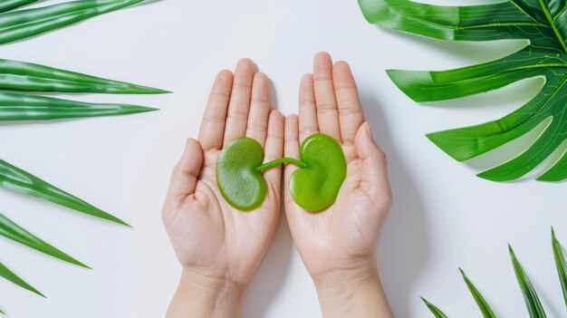 Foto um conjunto de rins verdes dispostos entre duas palmas em um fundo branco esta é uma representação de rins saudáveis