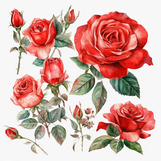 Um conjunto de rosas vermelhas com folhas e flores