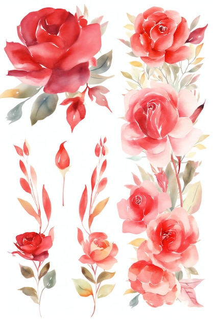 Um conjunto de rosas vermelhas com folhas e flores.