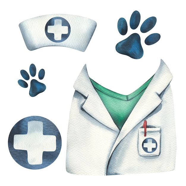 Um conjunto de roupas para um veterinário com patas de animais Ilustração em aquarela desenhada à mão Lentes isoladas em um fundo branco Para clínicas, hospitais, farmácias