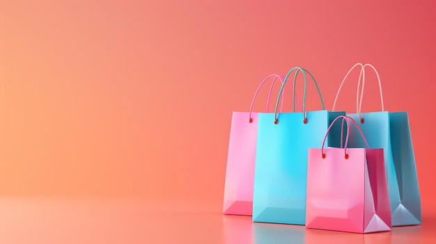 Um conjunto de sacos de compras 3D isolados em um fundo branco com espaço de cópia vazio para promover compras on-line Um modelo de banner Uma ilustração de uma personagem de desenho animado renderização 3D