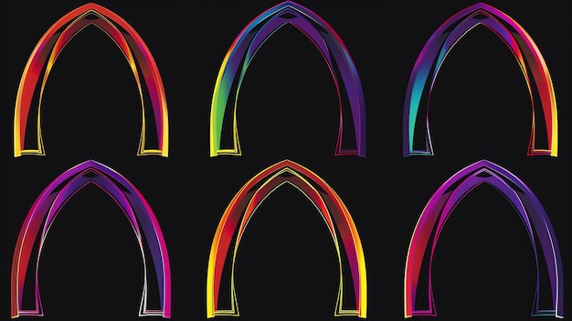 Um conjunto de seis formas arqueadas coloridas os arcos são feitos de um gradiente de cores e eles têm um efeito brilhante