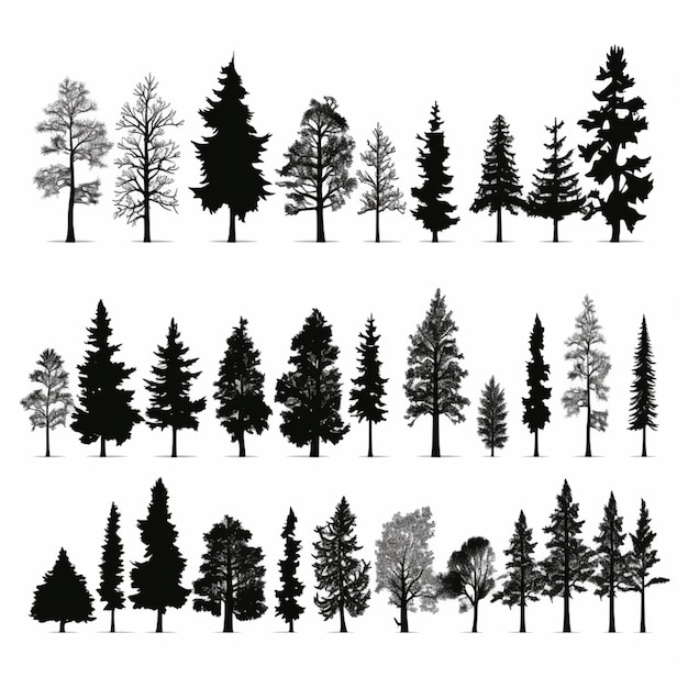 um conjunto de silhuetas de diferentes árvores e arbustos generativos ai