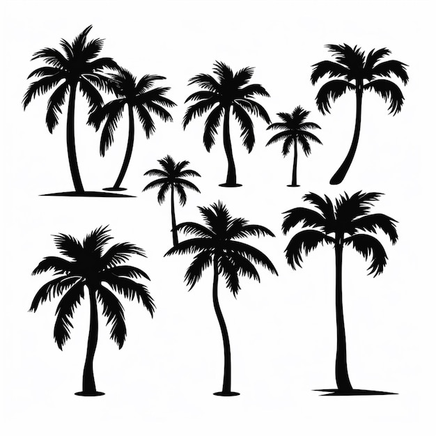 um conjunto de silhuetas de palmeiras em um fundo branco