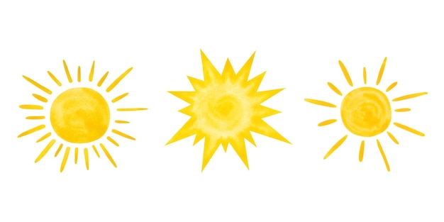 Um conjunto de sol amarelo aquarela Desenhado à mão Um elemento para design A textura da tinta no papel