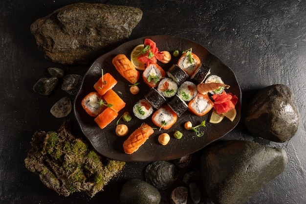 Um conjunto de sushi em uma bela placa preta. Prato japonês de sashimi, pãezinhos, maki.