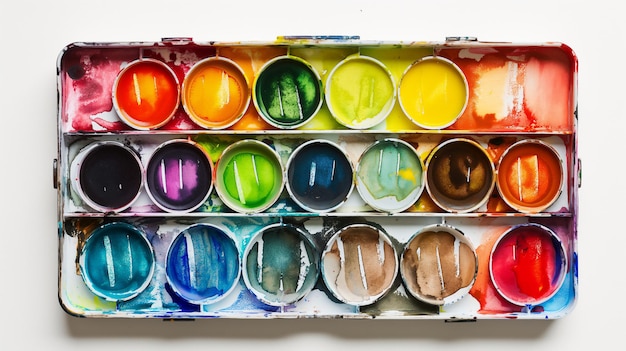 Um conjunto de tintas aquareladas bem usadas com cores vibrantes em uma caixa de metal sobre um fundo branco