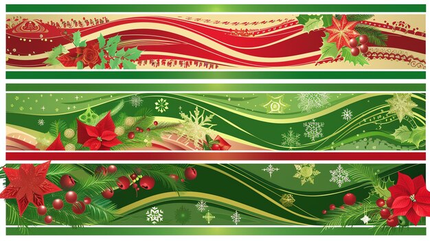 Um conjunto de três bandeiras com temas de Natal As bandeiras apresentam um esquema de cores vermelho e verde e incluem imagens de poinsettias, holly e flocos de neve