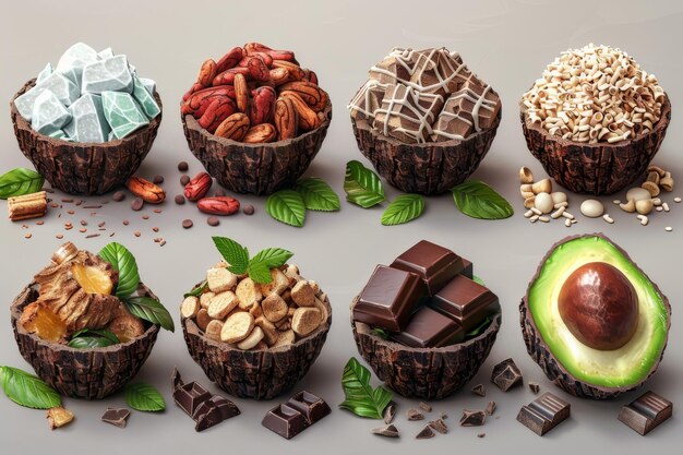 Um conjunto de três ícones modernos 3D realistas de pedaços de chocolate, virilhas e frutas de cacau
