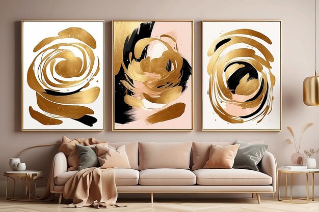 Um conjunto de três ilustrações de arte abstrata arte abstrata criativa moderna desenho de textura de pincel dourado para decoração de parede