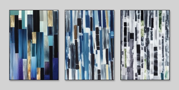 Foto um conjunto de três peças de arte abstrata nas cores azul, branco e preto.