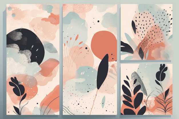 Um conjunto de três pinturas abstratas com diferentes formas e cores generative AI