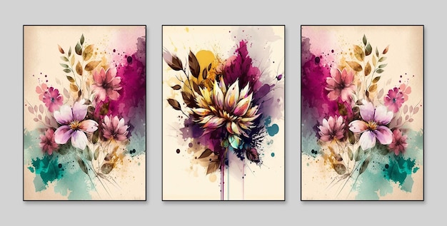 Um conjunto de três pinturas com flores.