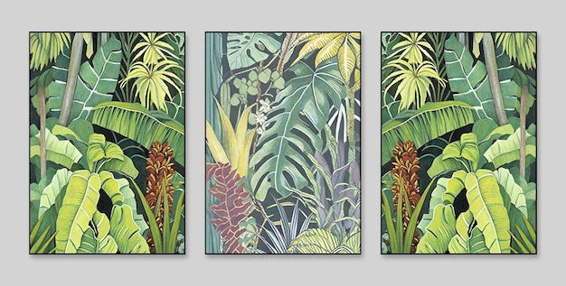 Um conjunto de três pinturas de plantas tropicais.